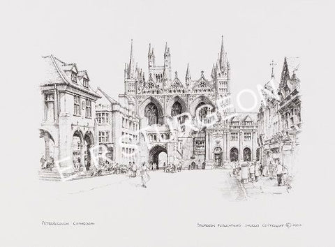 Peterborough Cathedral, Cambridgeshire - Black & White Print from a Pencil Drawing