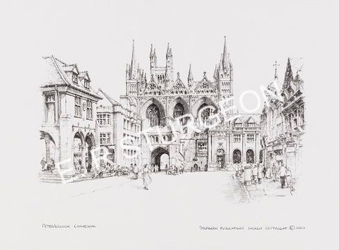 Peterborough Cathedral, Cambridgeshire - Black & White Pencil Drawing